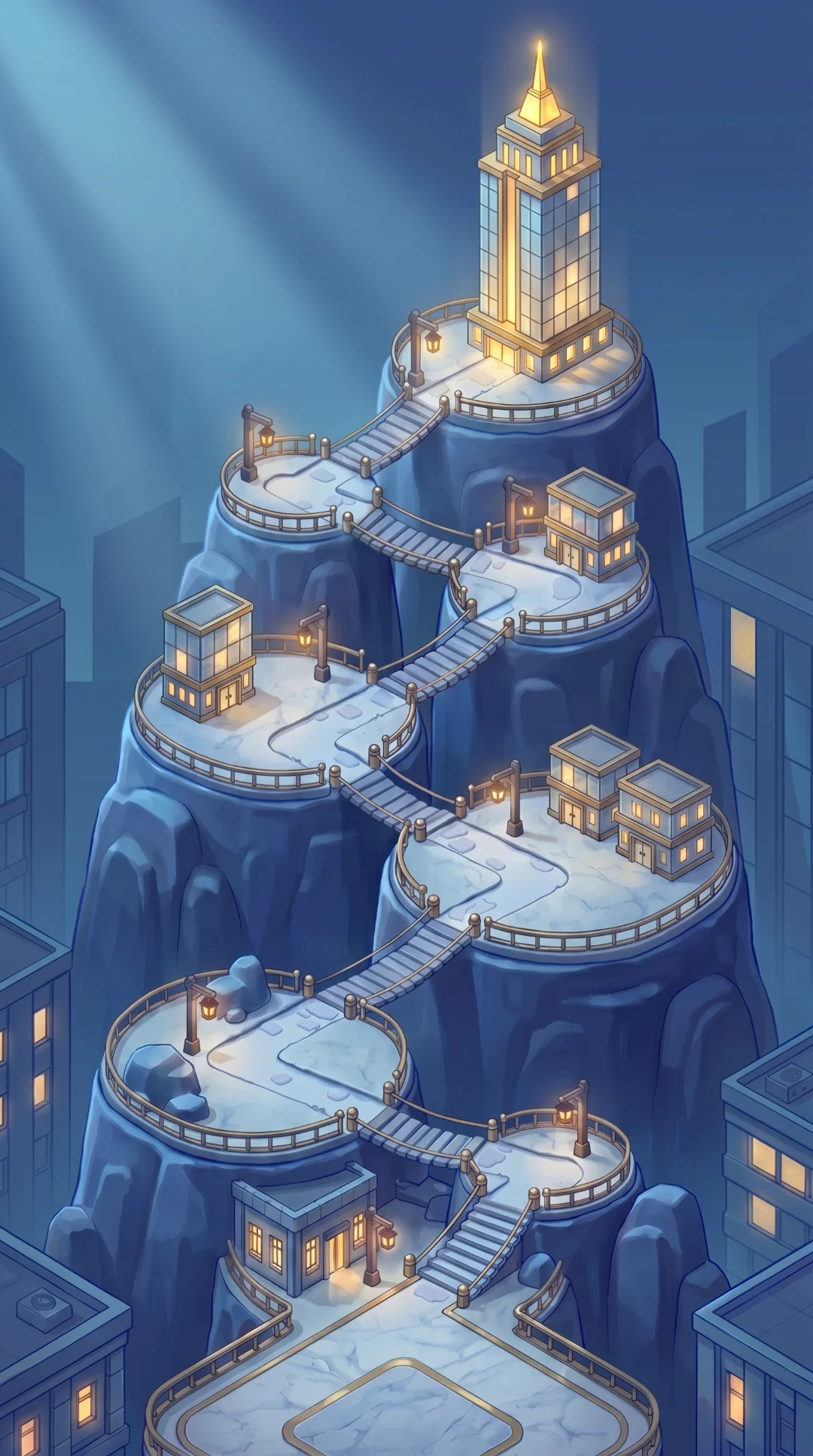 Hand-painted Riselo climbing map: a night-blue corporate tower city, terraces winding upward to a golden skyscraper summit