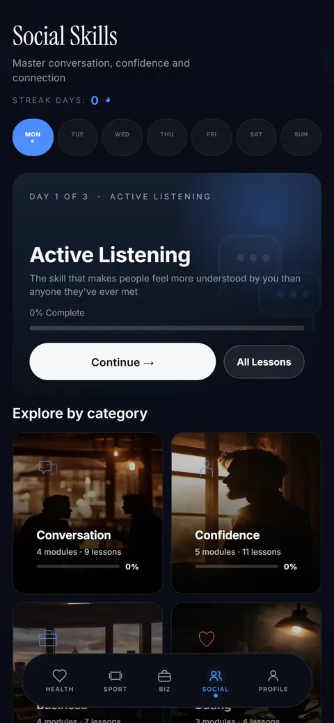 Riselo Social screen: Active Listening lesson of the day and skill categories